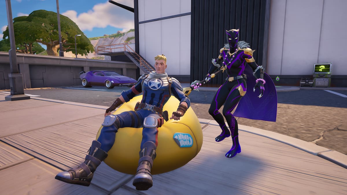 Shuri Black Panther standing by Captain Jones sitting on a beanbag in Fortnite.