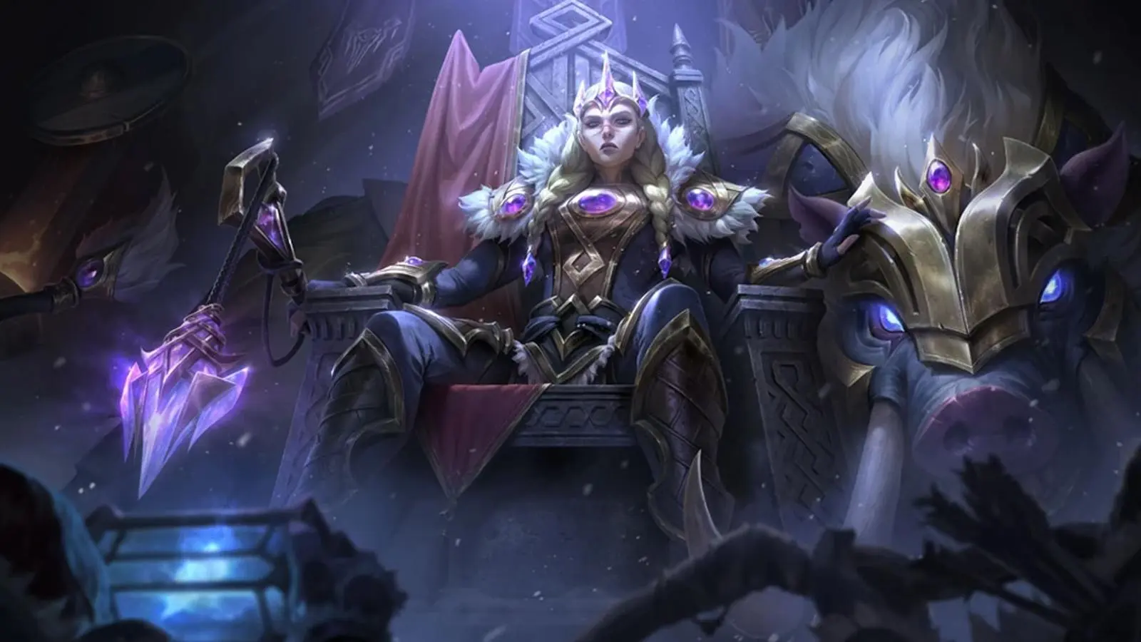 Sejuani from League of Legends sits on an icy throne in gold and purple armor. Her iconic boar, Bristle, sits resting to her left with its own gold armor on.