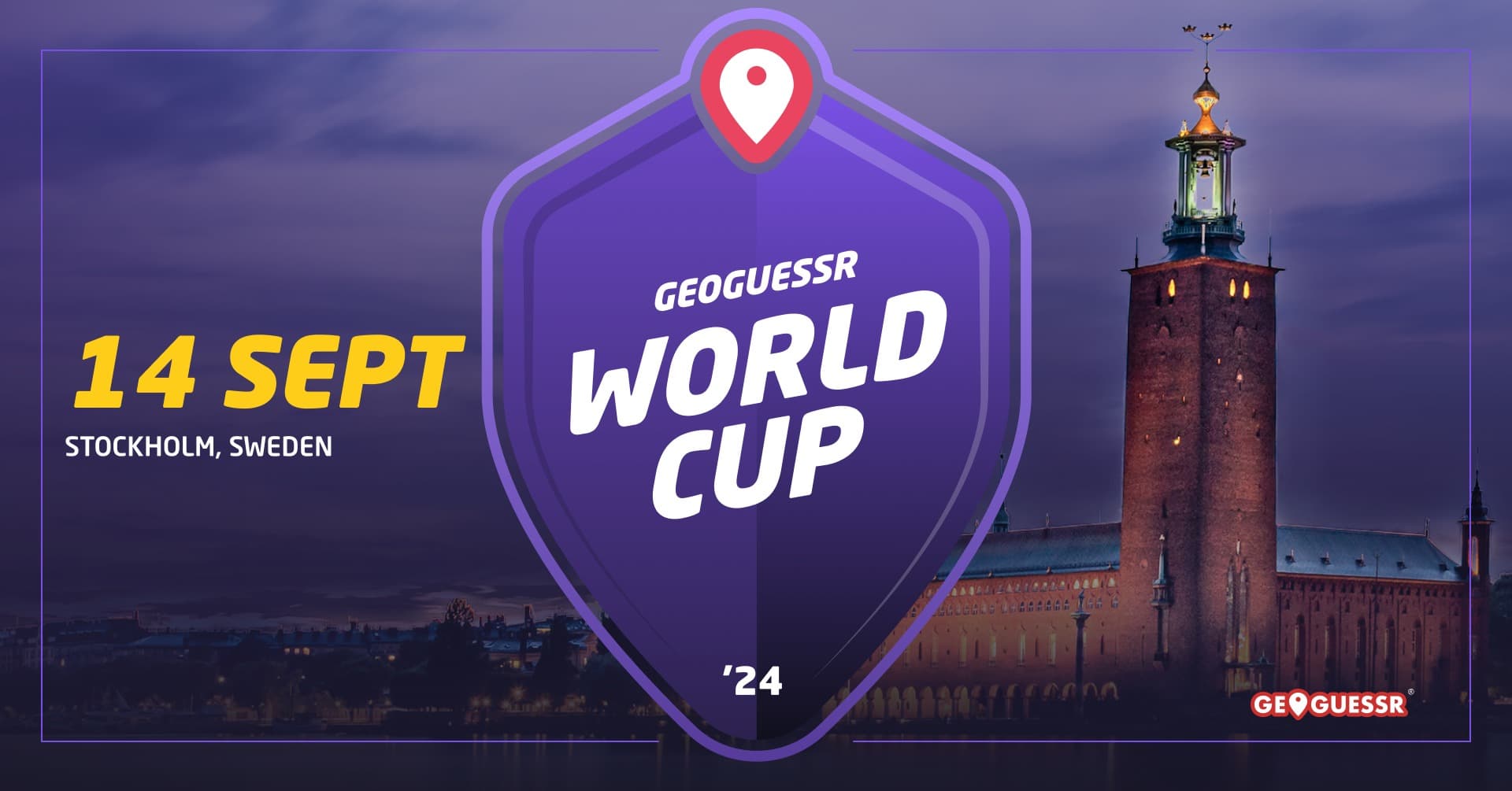 Geoguessr World Cup logo on a dark purple background with a clock tower next to it.