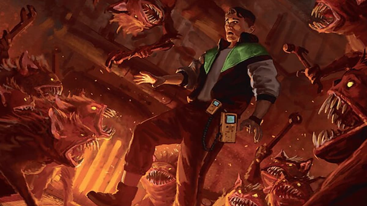 Man in green and silver jacket near fireplace with creatures attacking all around him in MTG Duskmourn set